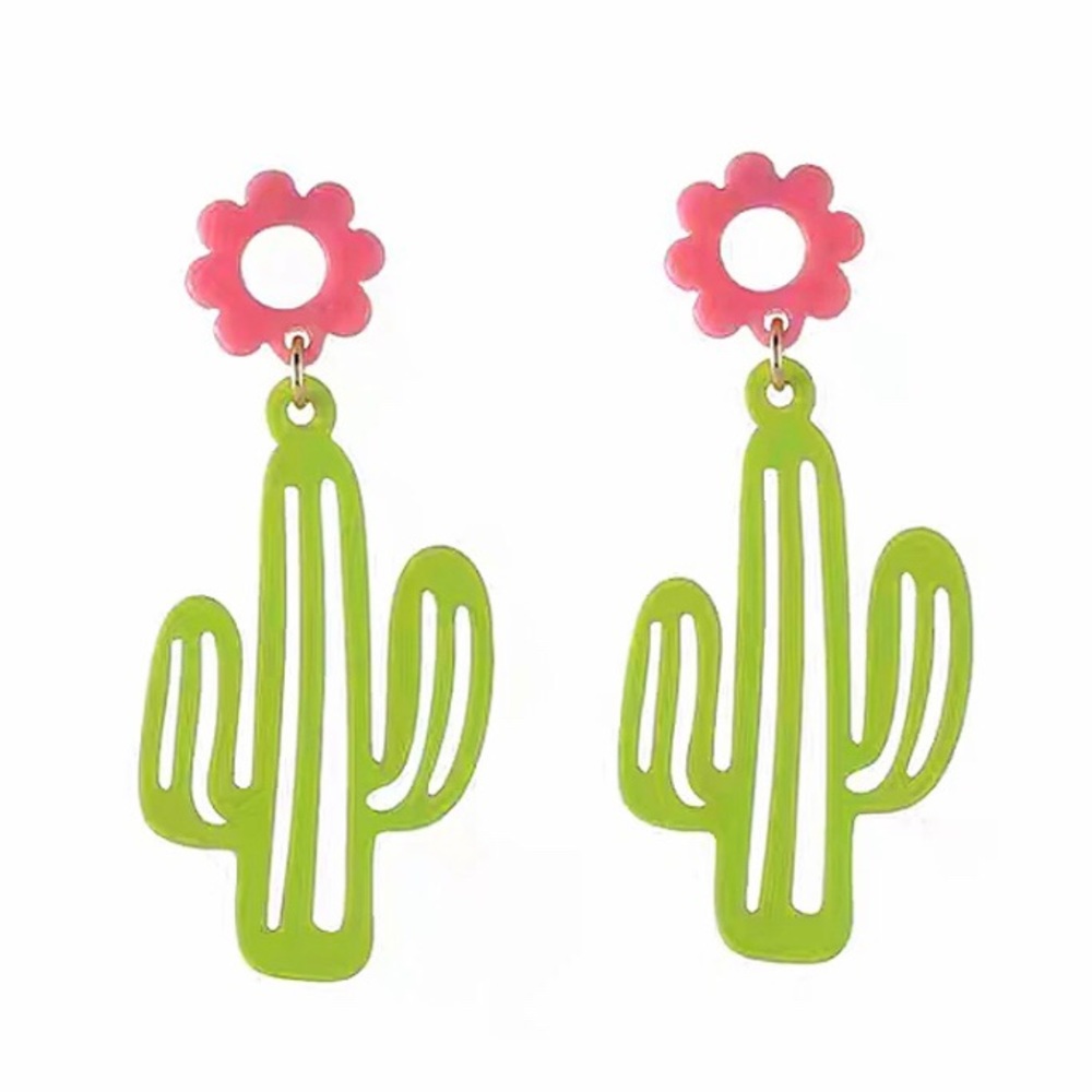 Green & Pink Cactus Drop Post Earrings